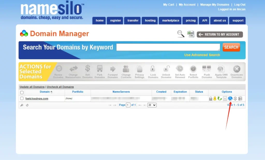 Domain Name Management page